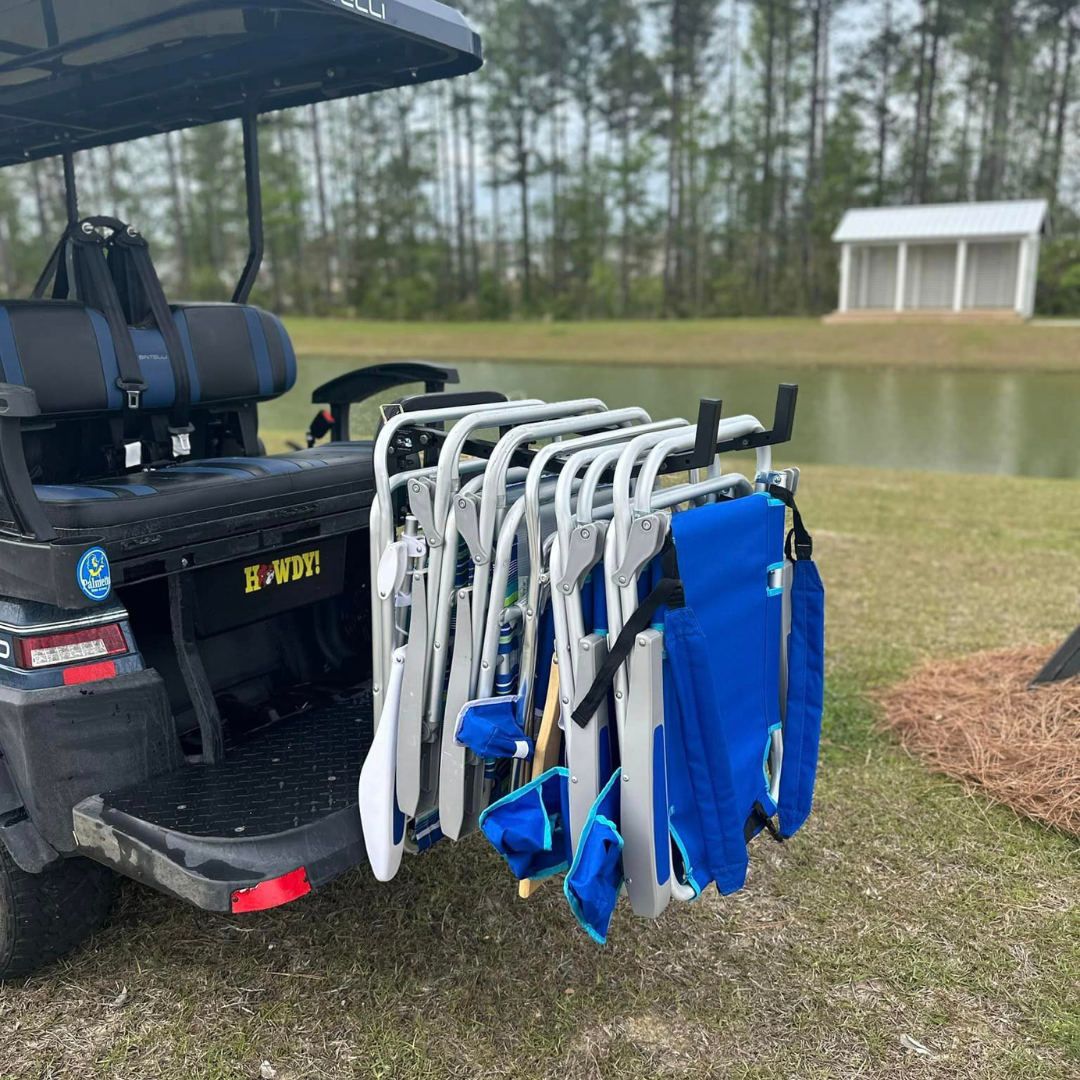golf cart fishing rod holder GTW / MadJax Hitch Mount Cooler and Rack for Mach Rear Seat – Low Speed Living the fishing rod rack is engineered to accommodate up to four poles securely during transportation FISHING ROD HOLDER - Dixielectricar