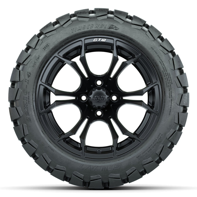 14-Inch GTW Spyder Matte Black Wheels with 22x10-14 GTW Timberwolf All-Terrain Tires (Set of 4)