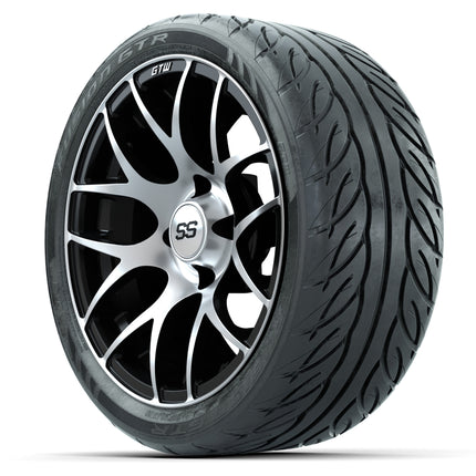14-inch GTW Machined & Black Pursuit Wheels with 205/40-R14 Fusion GTR Street Tires (Set of 4)