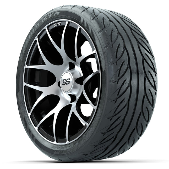 14-inch GTW Machined & Black Pursuit Wheels with 205/40-R14 Fusion GTR Street Tires (Set of 4)