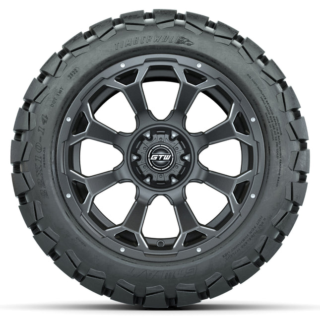 14-Inch GTW Raven Matte Gray and Ball Milled Wheels with 22x10-14 GTW Timberwolf All-Terrain Tires (Set of 4)