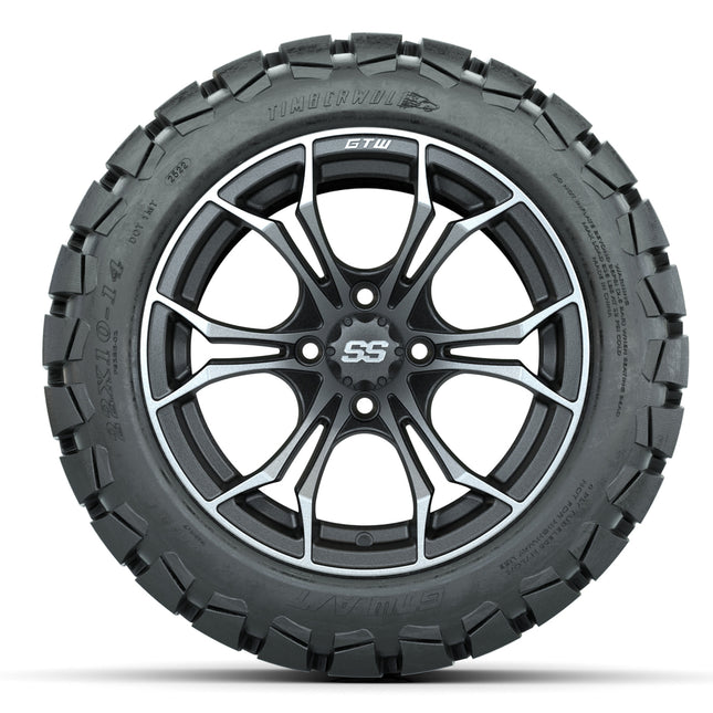 14-Inch GTW Spyder Machined and Matte Gray Wheels with 22x10-14 GTW Timberwolf All-Terrain Tires (Set of 4)