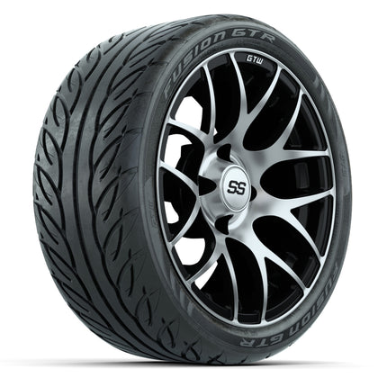 14-inch GTW Machined & Black Pursuit Wheels with 205/40-R14 Fusion GTR Street Tires (Set of 4)