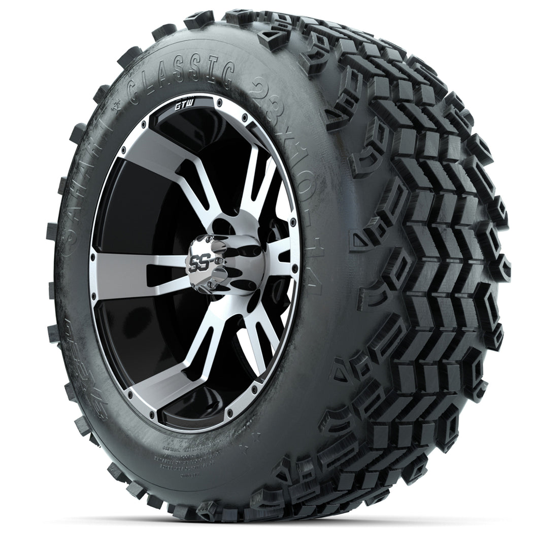 14-inch GTW Machined and Black Yellow Jacket Wheels with 23x10-14 Sahara Classic All-Terrain Tires (Set of 4)