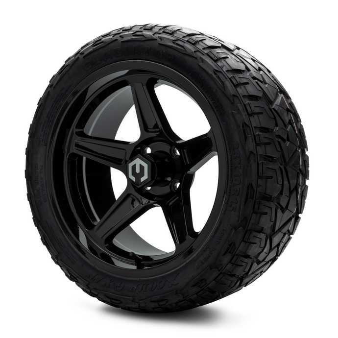 MODZ® 15-Inch Drift Glossy Black Wheels & 23-Inch XComp Gladiator Steel Belted Radial Tires Combo
