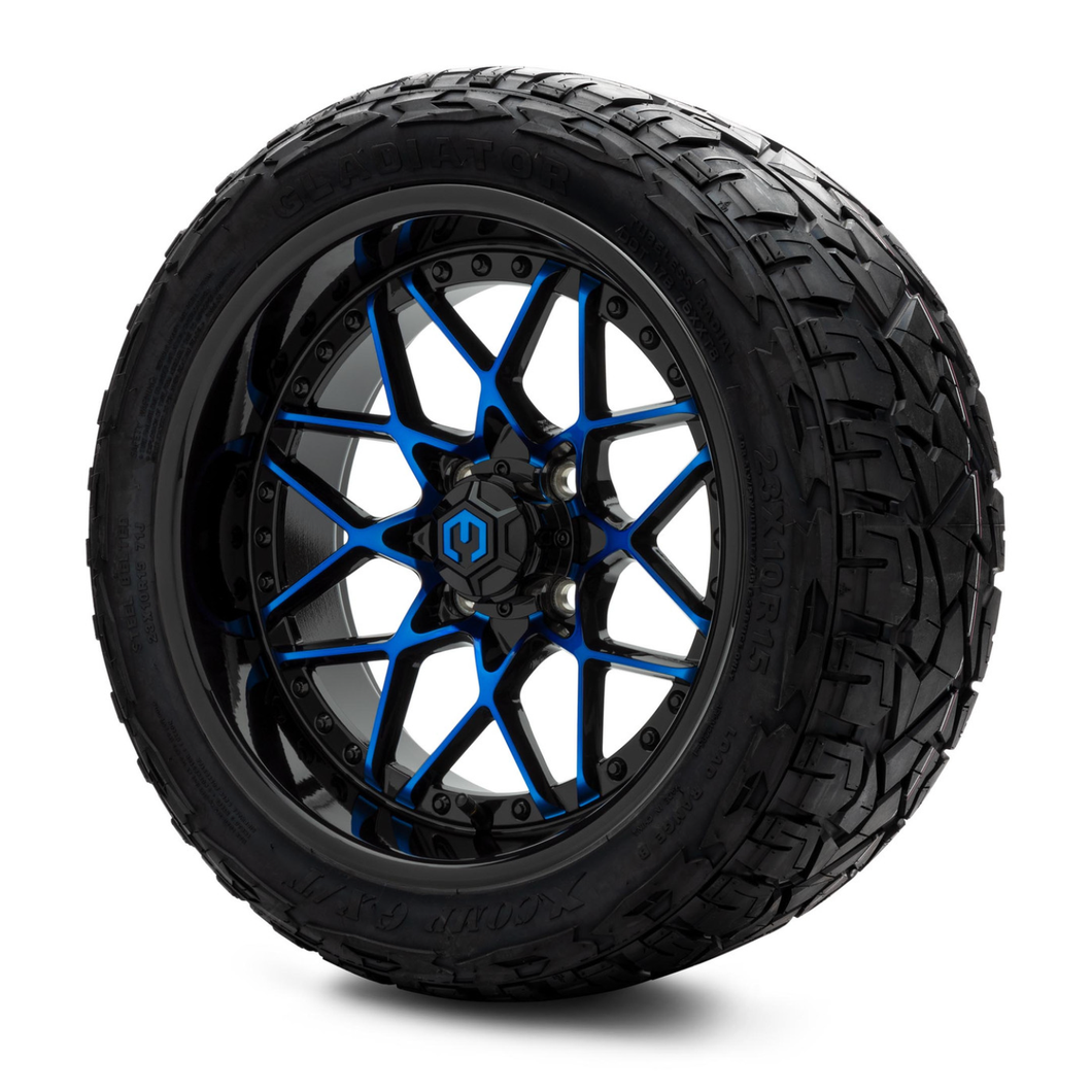 MODZ® 15-Inch Formula Blue and Black Wheels & 23-Inch XComp Gladiator Steel Belted Radial Tires Combo