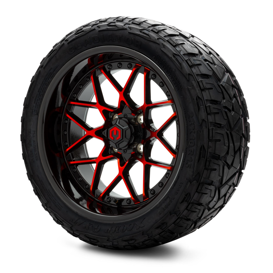 MODZ® 15-Inch Formula Red and Black Wheels & 23-Inch XComp Gladiator Steel Belted Radial Tires Combo