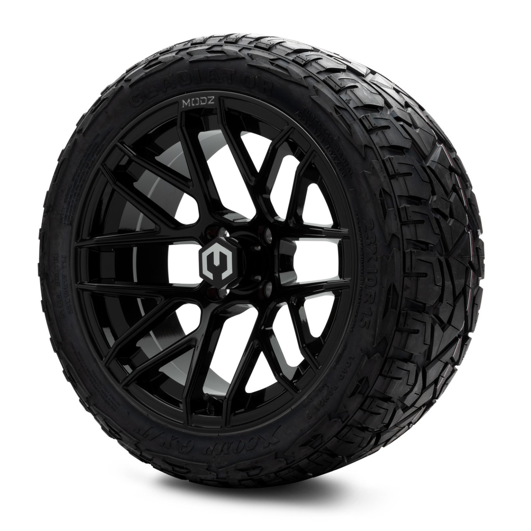 MODZ® 15-Inch Matrix Glossy Black Wheels & 23-Inch XComp Gladiator Steel Belted Radial Tires Combo