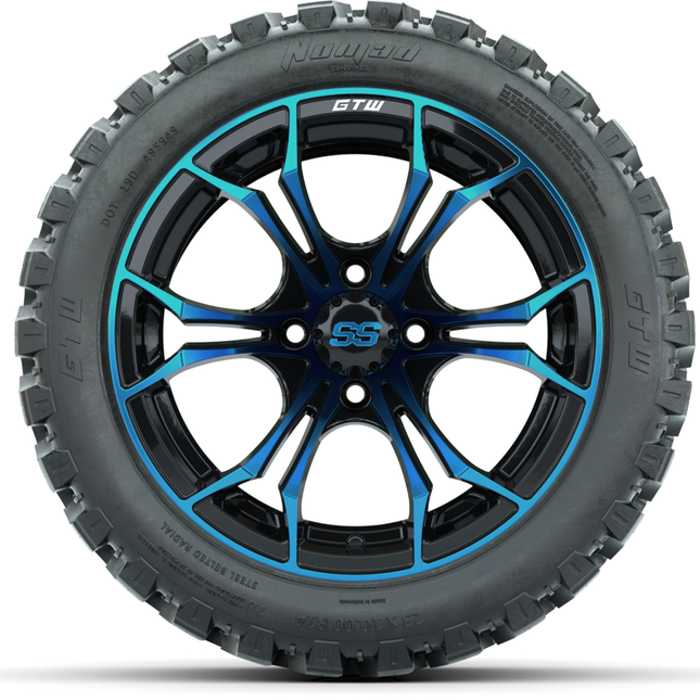 14-Inch GTW Spyder Blue and Black Wheels with 23x10-14 GTW Nomad All-Terrain Tires (Set of 4)