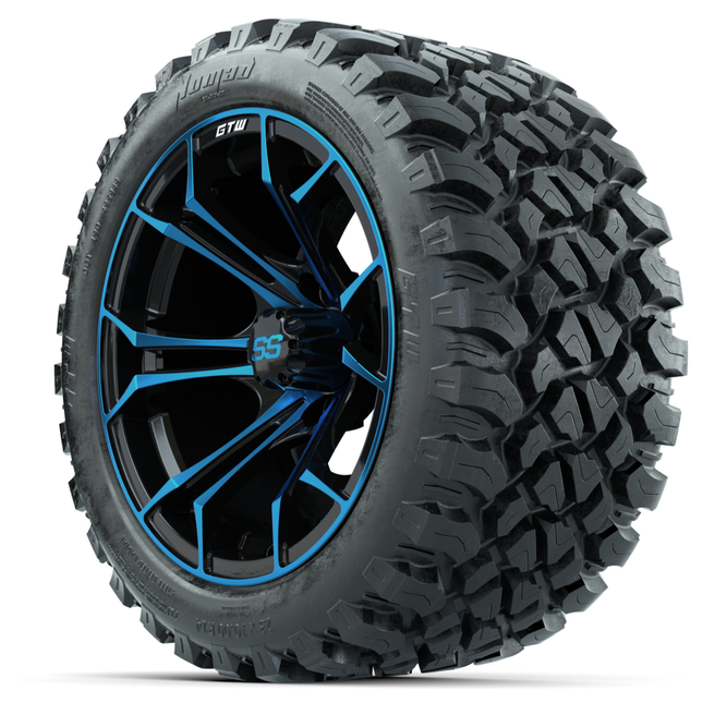 14-Inch GTW Spyder Blue and Black Wheels with 23x10-14 GTW Nomad All-Terrain Tires (Set of 4)