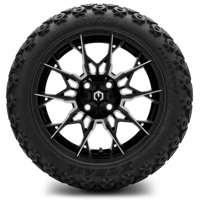 MODZ® 15-Inch Chaos Glossy Black with Ball Mill Wheels & 23-Inch Arisun X-Trail All-Terrain Tires Combo