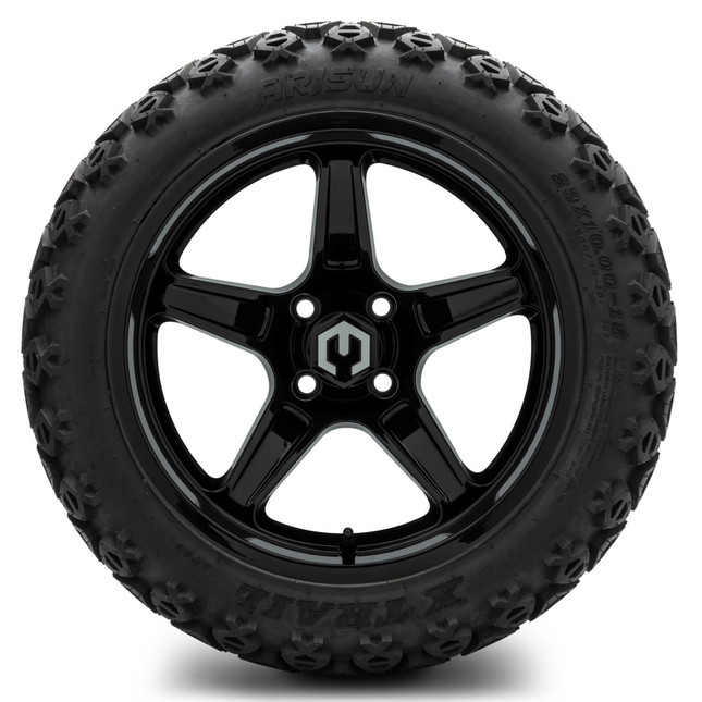 MODZ® 15-Inch Drift Glossy Black Wheels & 23-Inch Arisun X-Trail All-Terrain Tires Combo