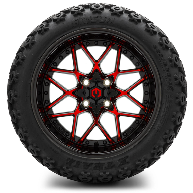 MODZ® 15-Inch Formula Red and Black Wheels & 23-Inch Arisun X-Trail All-Terrain Tires Combo