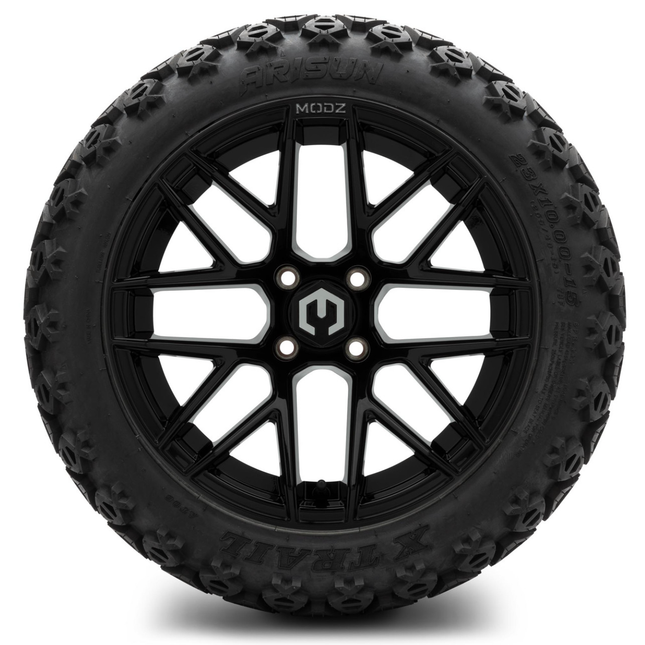 MODZ® 15-Inch Matrix Glossy Black Wheels & 23-Inch Arisun X-Trail All-Terrain Tires Combo