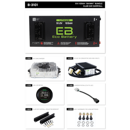 Club Car Carryall 48V (51V) 105Ah - Eco Lithium Battery Complete Bundle - Skinny