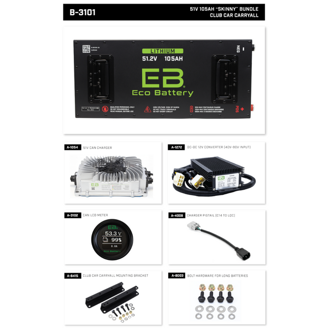 Club Car Carryall 48V (51V) 105Ah - Eco Lithium Battery Complete Bundle - Skinny