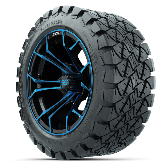 14-Inch GTW Spyder Blue and Black Wheels with 22x10-14 GTW Timberwolf All-Terrain Tires (Set of 4)