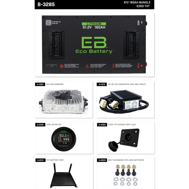 EZGO TXT 48V (51V) 160AH Eco LifePo4 Lithium Battery Bundle with Charger (Installation Kit Included)