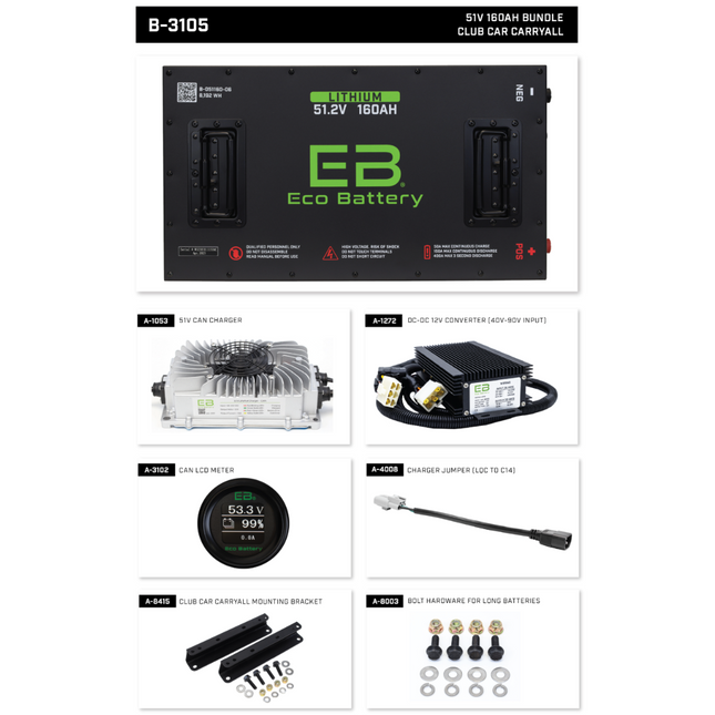 Club Car Carryall - 48V (51V) 160AH Eco LifePo4 Lithium Battery Bundle with Charger (Installation Kit Included)