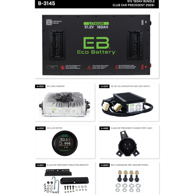 Club Car Precedent (2009-Up)/Onward/Tempo - 48V (51V) 160AH Eco LifePo4 Lithium Battery Bundle with Charger (Installation Kit Included)