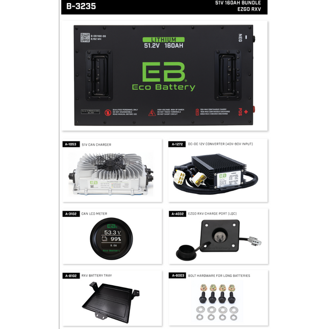 EZGO RXV 48V (51V) 160AH Eco LifePo4 Lithium Battery Bundle with Charger (Installation Kit Included)