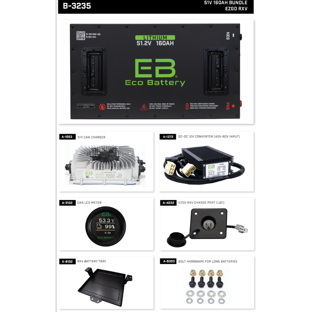 EZGO RXV - 48V (51V) 160AH Eco LifePo4 Lithium Battery Bundle with Charger (Installation Kit Included)