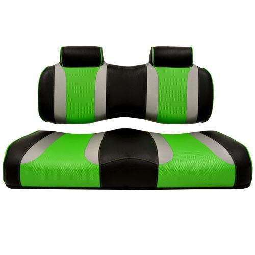 TSUNAMI Golf Cart Front Seat Cushions, EZGO TXT/RXV, Black w/Liquid Silver Rush & Green Wave
