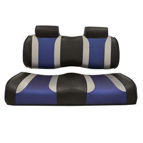 TSUNAMI Golf Cart Front Seat Cushions, EZGO TXT/RXV, Black w/Liquid Silver Rush & Blue Wave